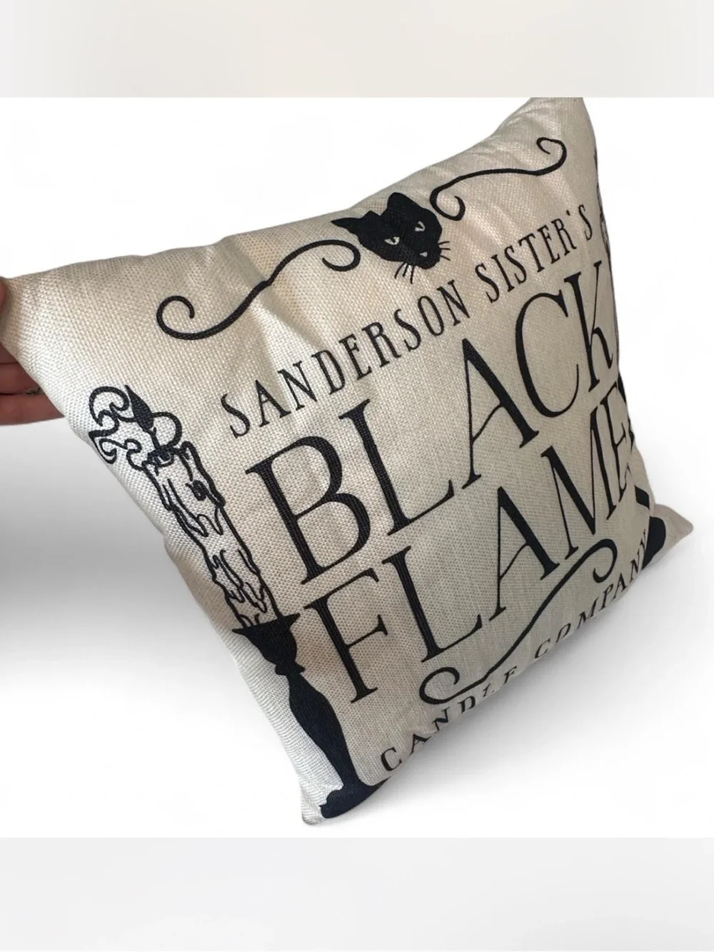 💜 NWOT Hocus Pocus Sanderson Sister Black Flame Candle Linen Pillow w/ Cover